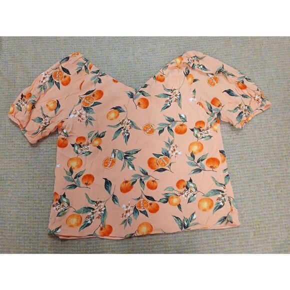 Ann Taylor womens medium boat neck orange printed peach blouse top - Picture 2 of 4